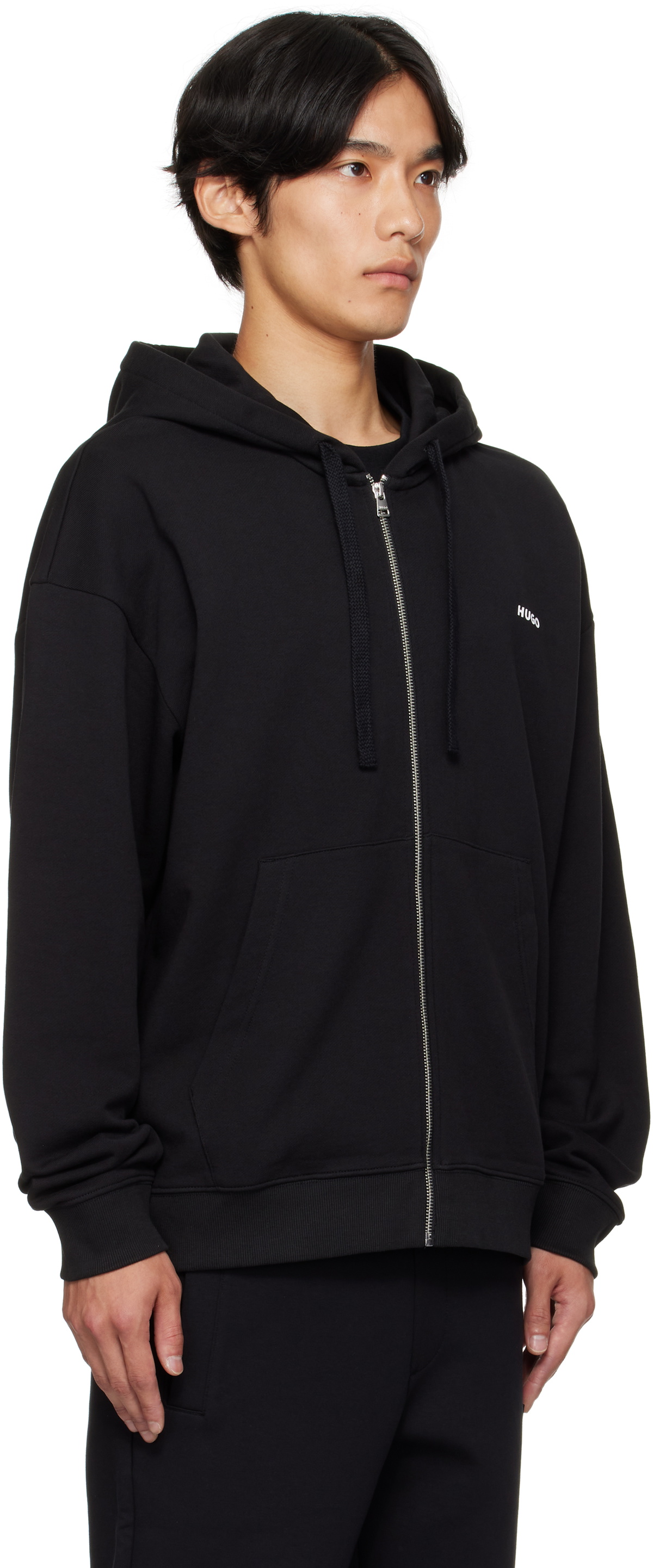 Hugo Black Relaxed-Fit Cotton Terry Zip-Up Hoodie