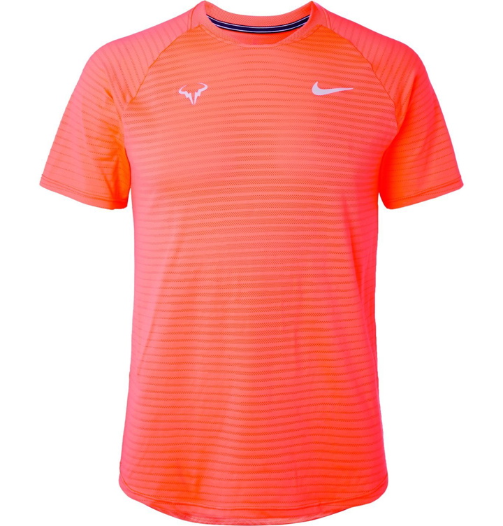 Photo: Nike Tennis - NikeCourt Rafa Slam Slim-Fit AeroReact Open-Knit Tennis T-Shirt - Orange