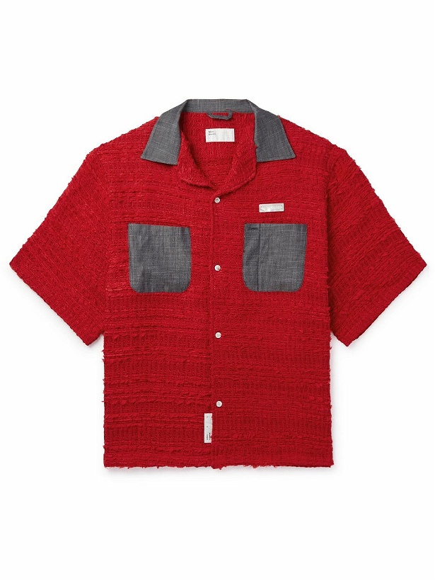 Photo: 4SDesigns - Camp-Collar Chambray-Trimmed Cotton-Blend Bouclé-Tweed Shirt - Red