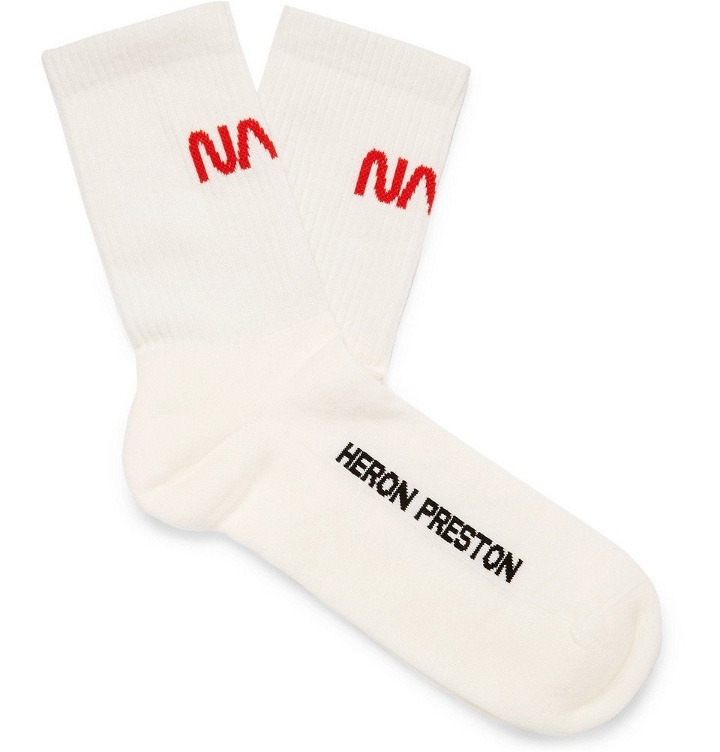 Photo: Heron Preston - NASA Logo-Jacquard Stretch Cotton-Blend Socks - White