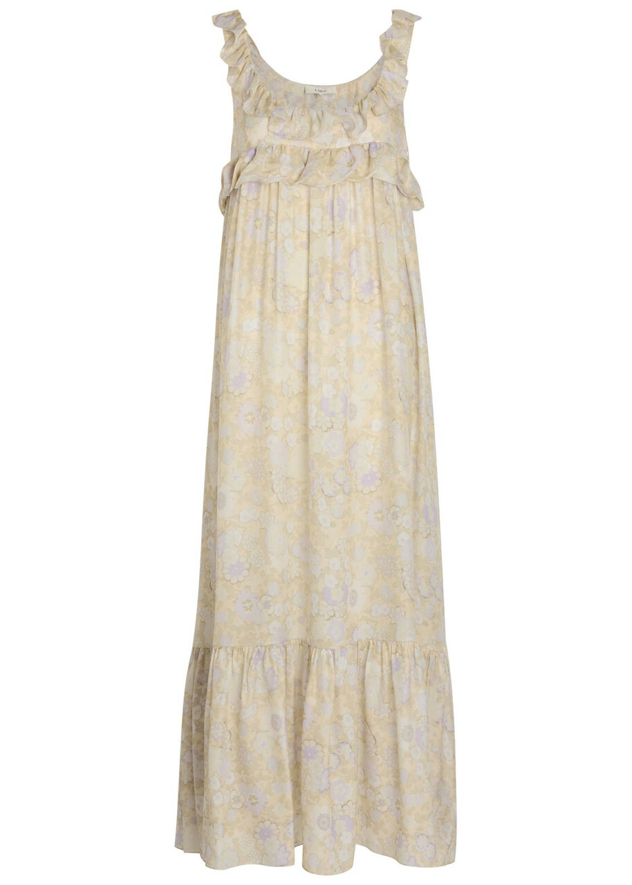 Chloe Floral-print Frill Silk Maxi Dress Purple