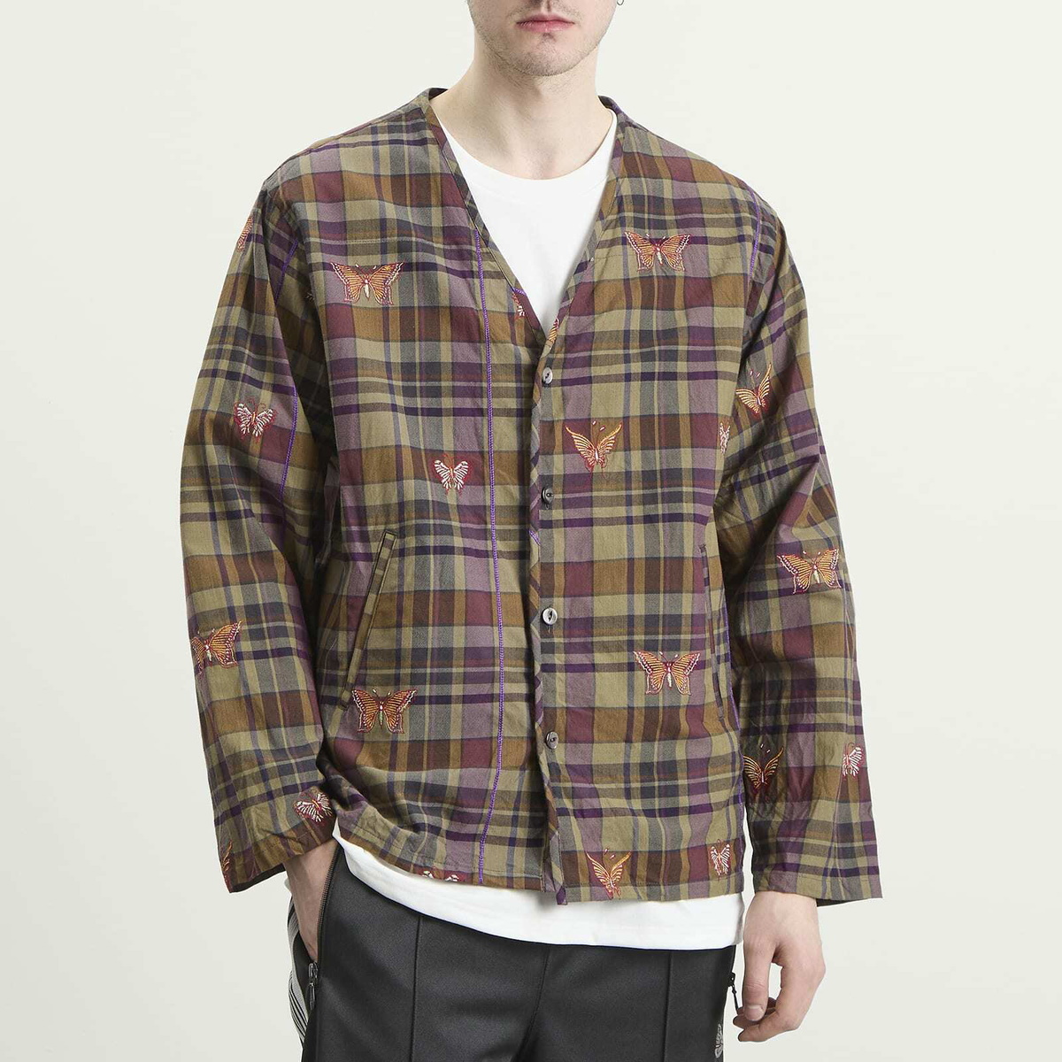 Needles Men's Embroidered Madras Plaid Cardigan in Brown