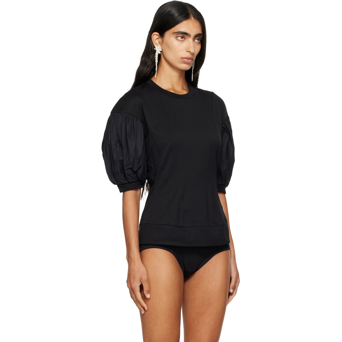 Simone Rocha Black Puff Sleeve Sculpted Contrast T-shirt