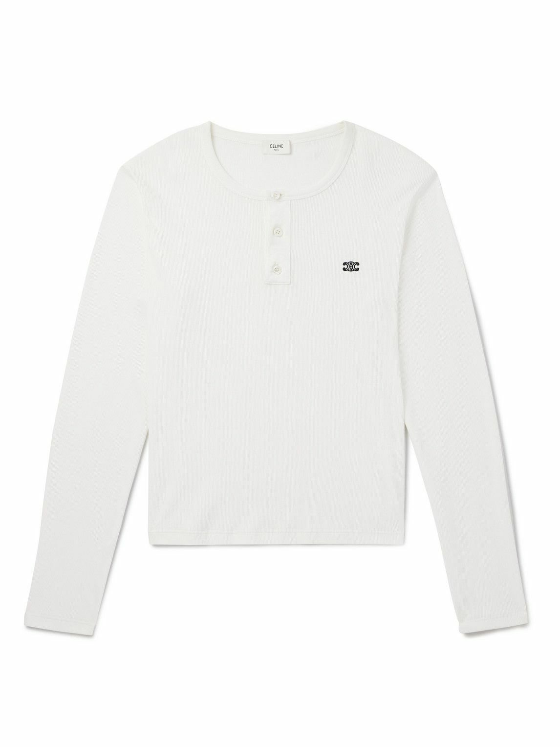CELINE - Logo-Embroidered Ribbed Cotton-Jersey Henley T-Shirt