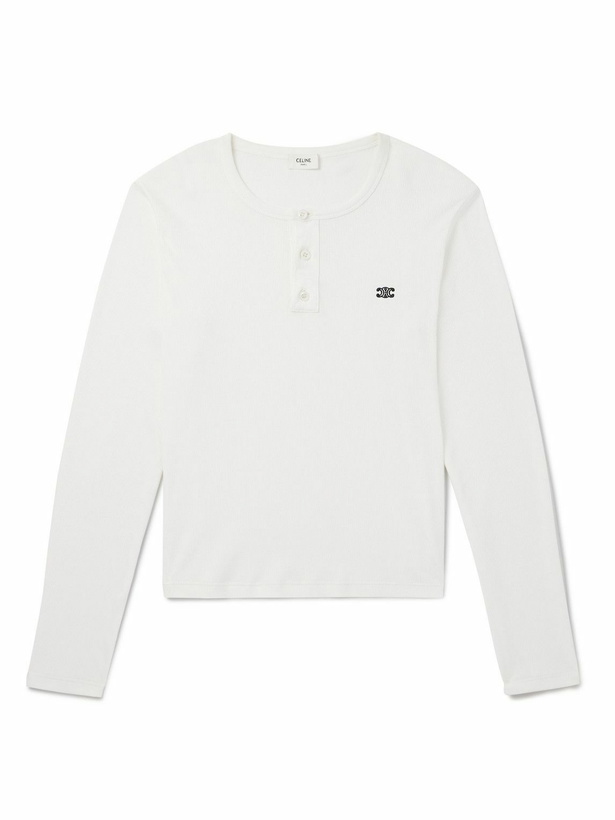 Photo: CELINE - Logo-Embroidered Ribbed Cotton-Jersey Henley T-Shirt - Neutrals