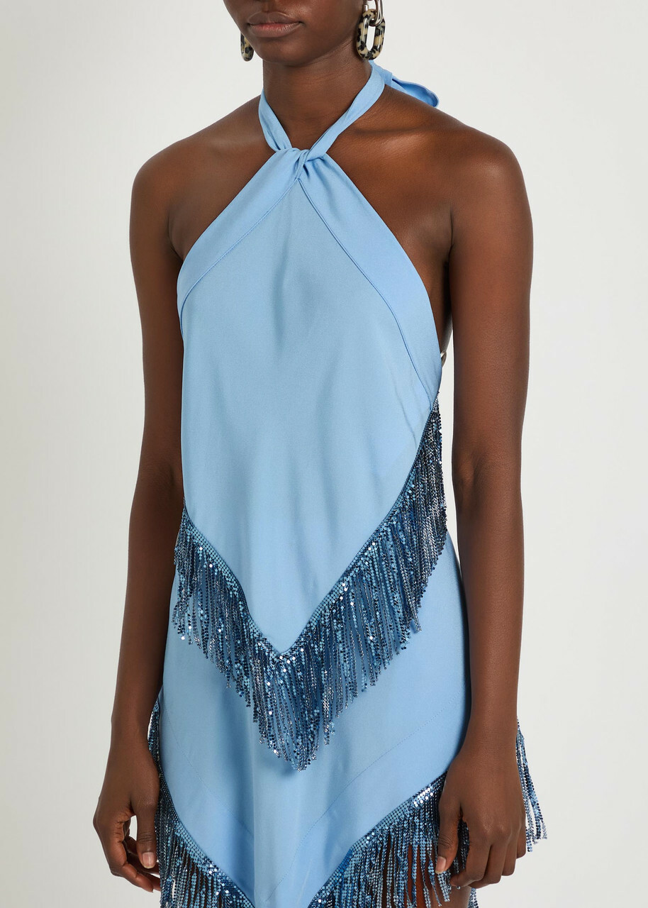 Rabanne Fringed Chains Asymmetric Woven top Blue