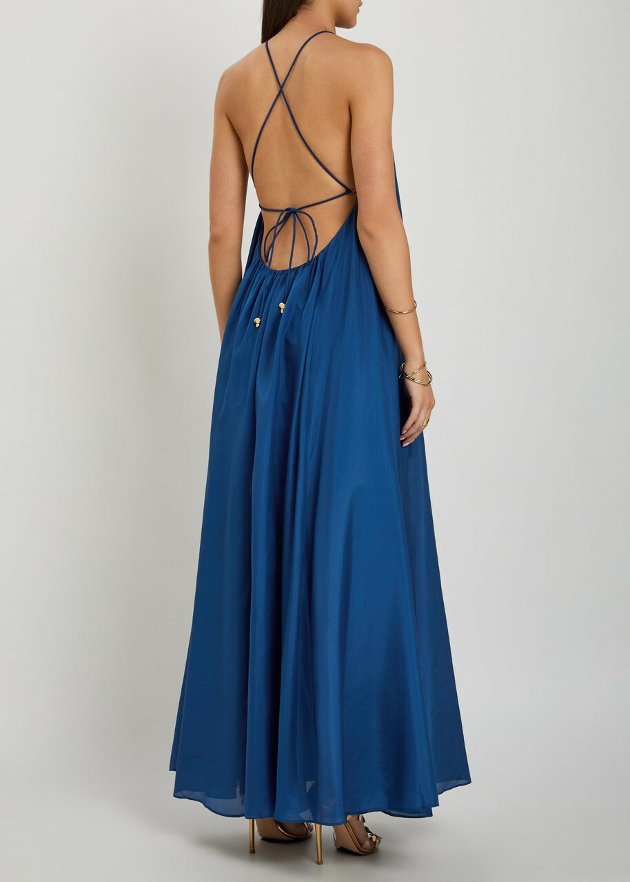 Zimmermann Aster Gathered Silk Maxi Dress Dark Blue