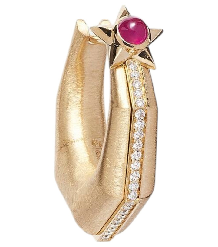Photo: Marie Lichtenberg Baba Medium 18kt gold single hoop earring with diamonds and ruby