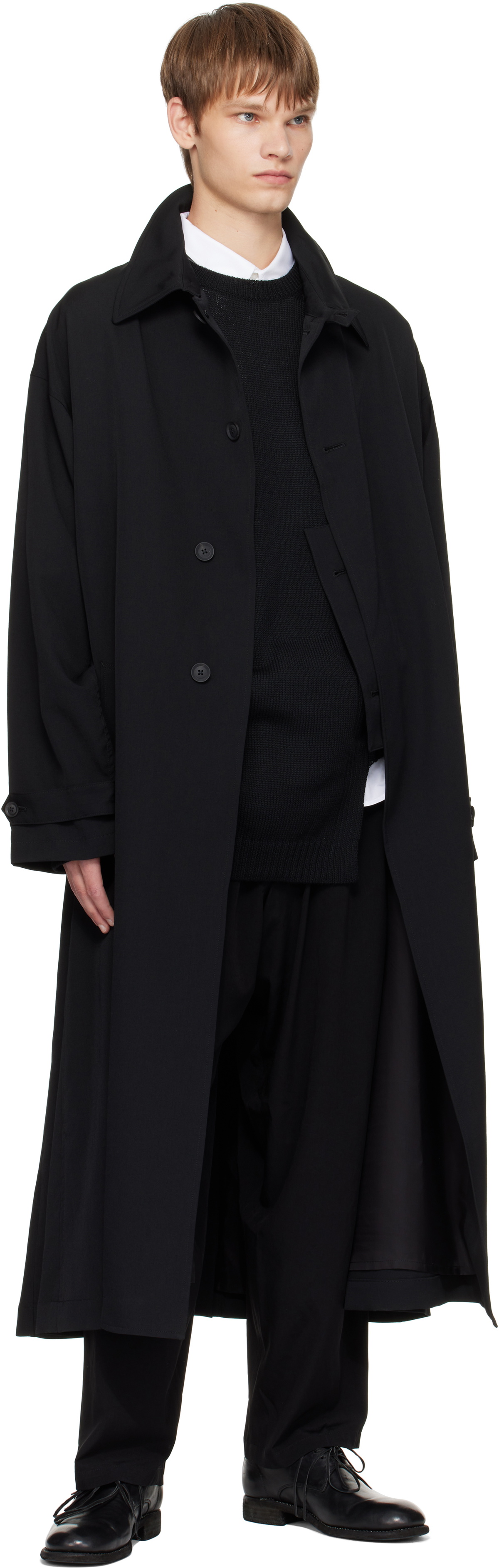 YOHJI YAMAMOTO Black Wool Gabardine Designed Sleeve Coat