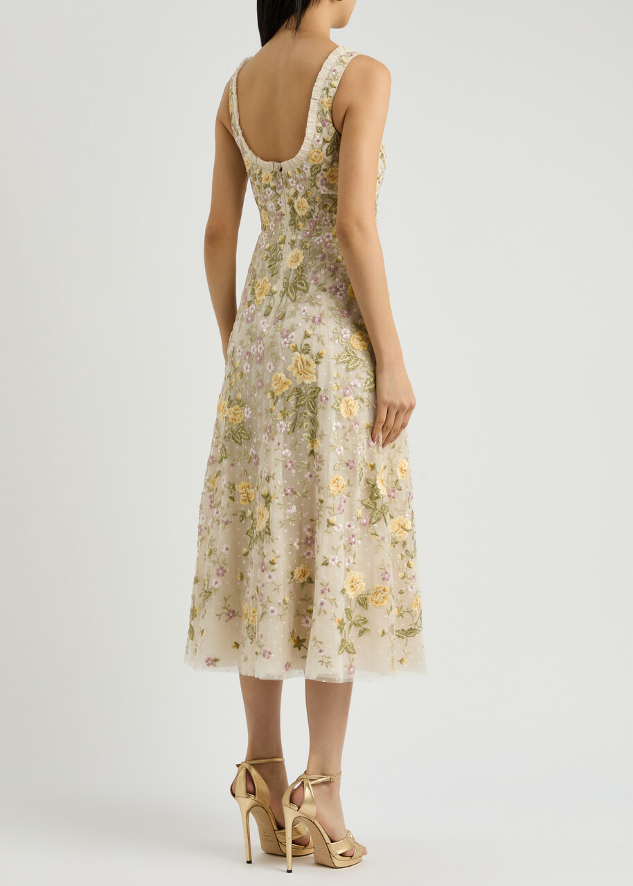 Needle & Thread Florine Floral-embroidered Tulle Midi Dress Cream