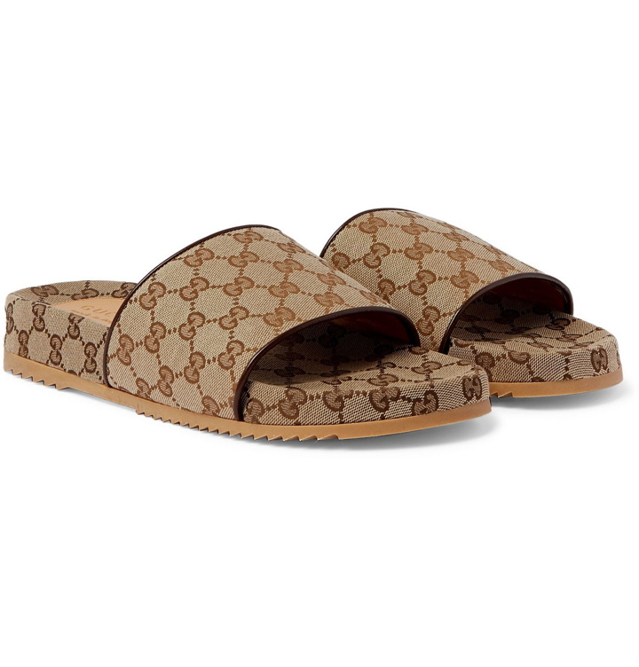 Photo: Gucci - Leather-Trimmed Monogrammed Canvas Slides - Brown