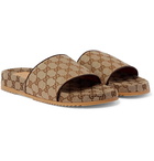 Gucci - Leather-Trimmed Monogrammed Canvas Slides - Brown