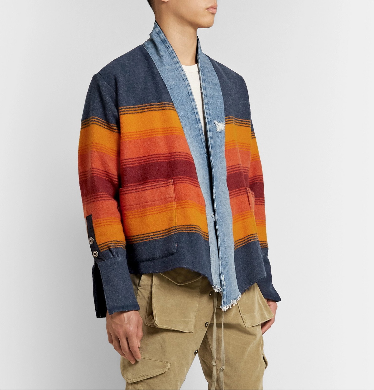 Greg Lauren - Boxy Kimono Studio Distressed Denim-Trimmed Striped 