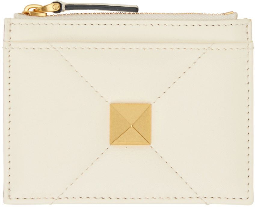Valentino Garavani White Roman Stud Zipper Card Holder