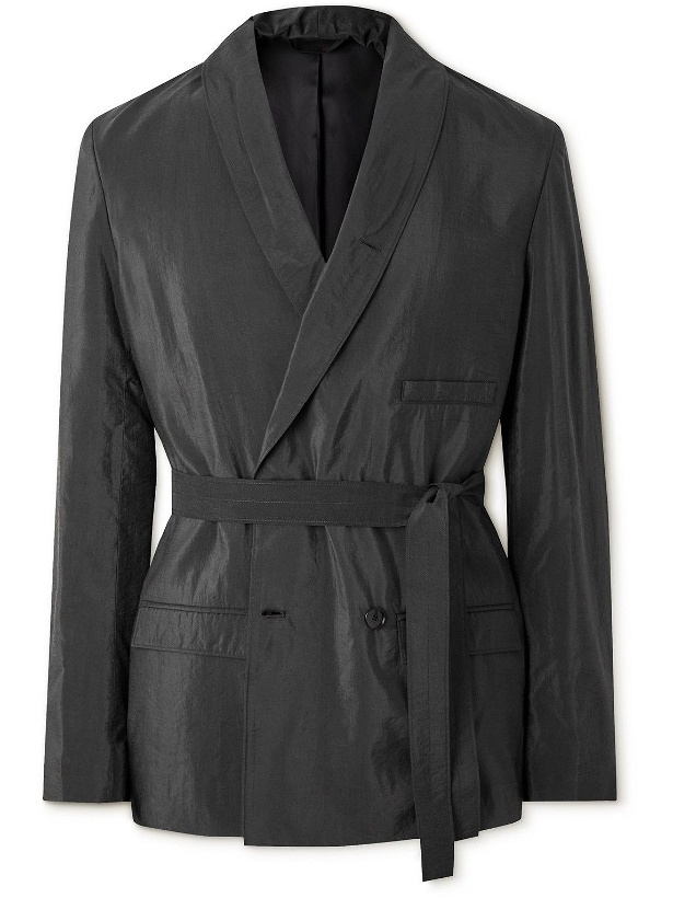Photo: Lemaire - Shawl-Collar Belted Double Breasted Crinkled Silk-Blend Blazer - Black