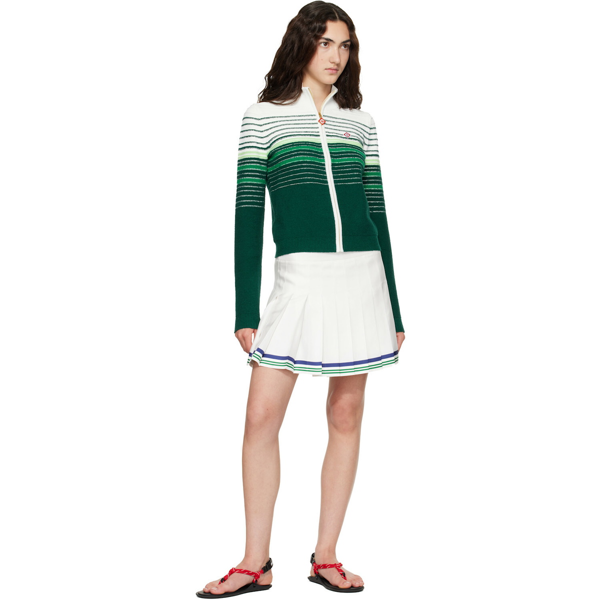 Casablanca White & Green Boucle Stripe Zip‑Up Track Jacket