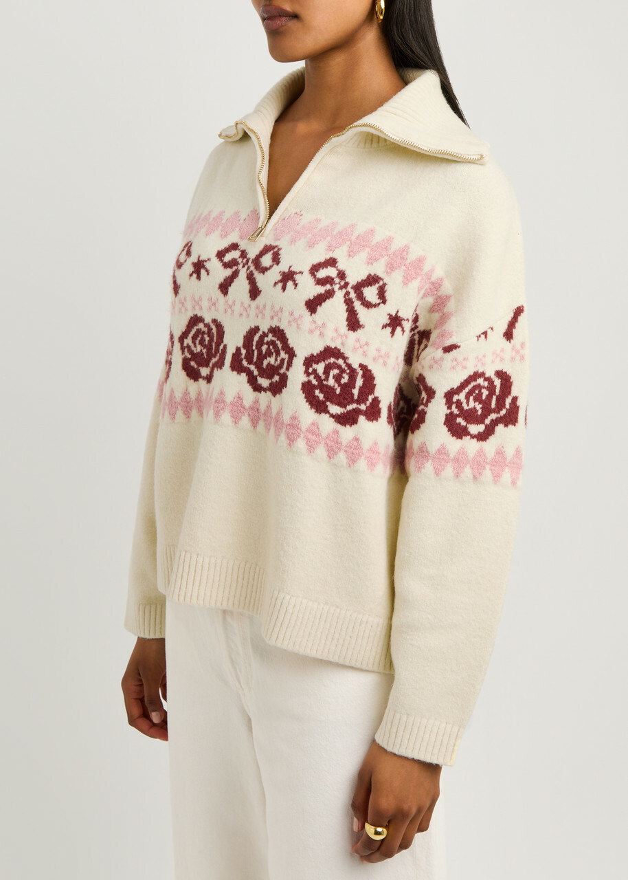 Kitri Uma Fair Isle Intarsia Half-zip Jumper Cream