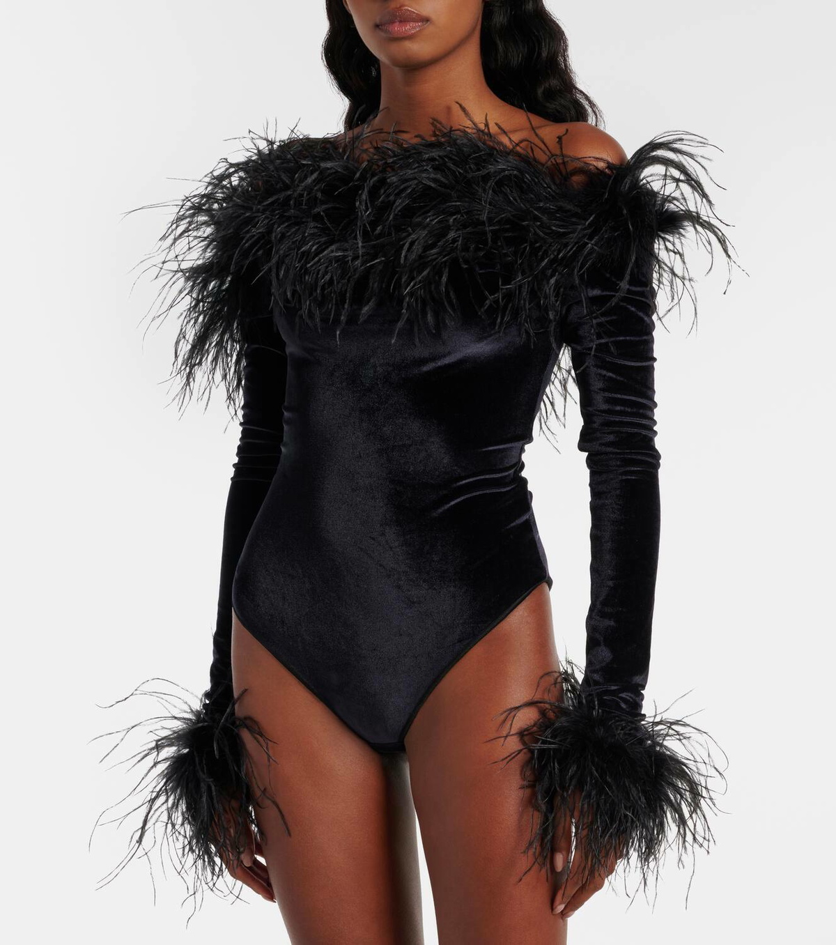 Oséree Feather-trimmed velvet bodysuit
