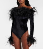 Oséree Feather-trimmed velvet bodysuit