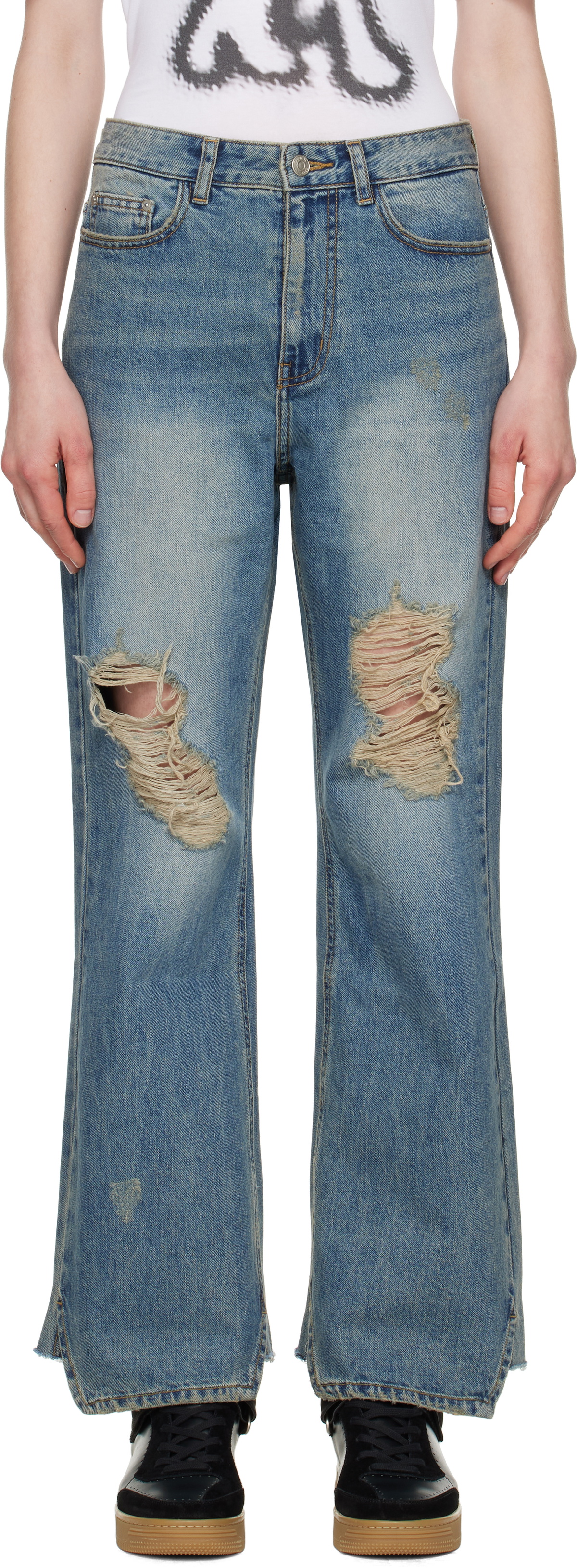 デニム・ジーパン OPEN YY : 25SS / DISTRESSED LOOSE STRAIGHT JEANS (BLUE) OPEN YY Blue Distressed Loose Straight Jeans OPEN YY