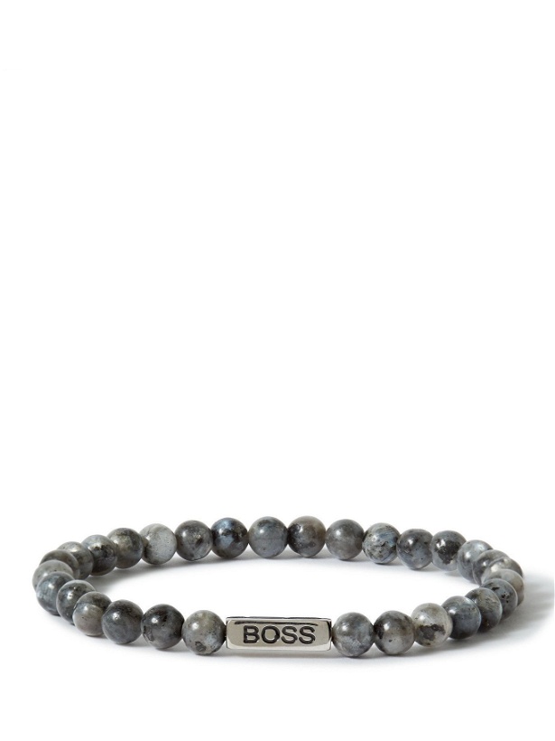 Photo: Hugo Boss - Logo-Engraved Silver-Tone and Agate Beaded Bracelet - Gray