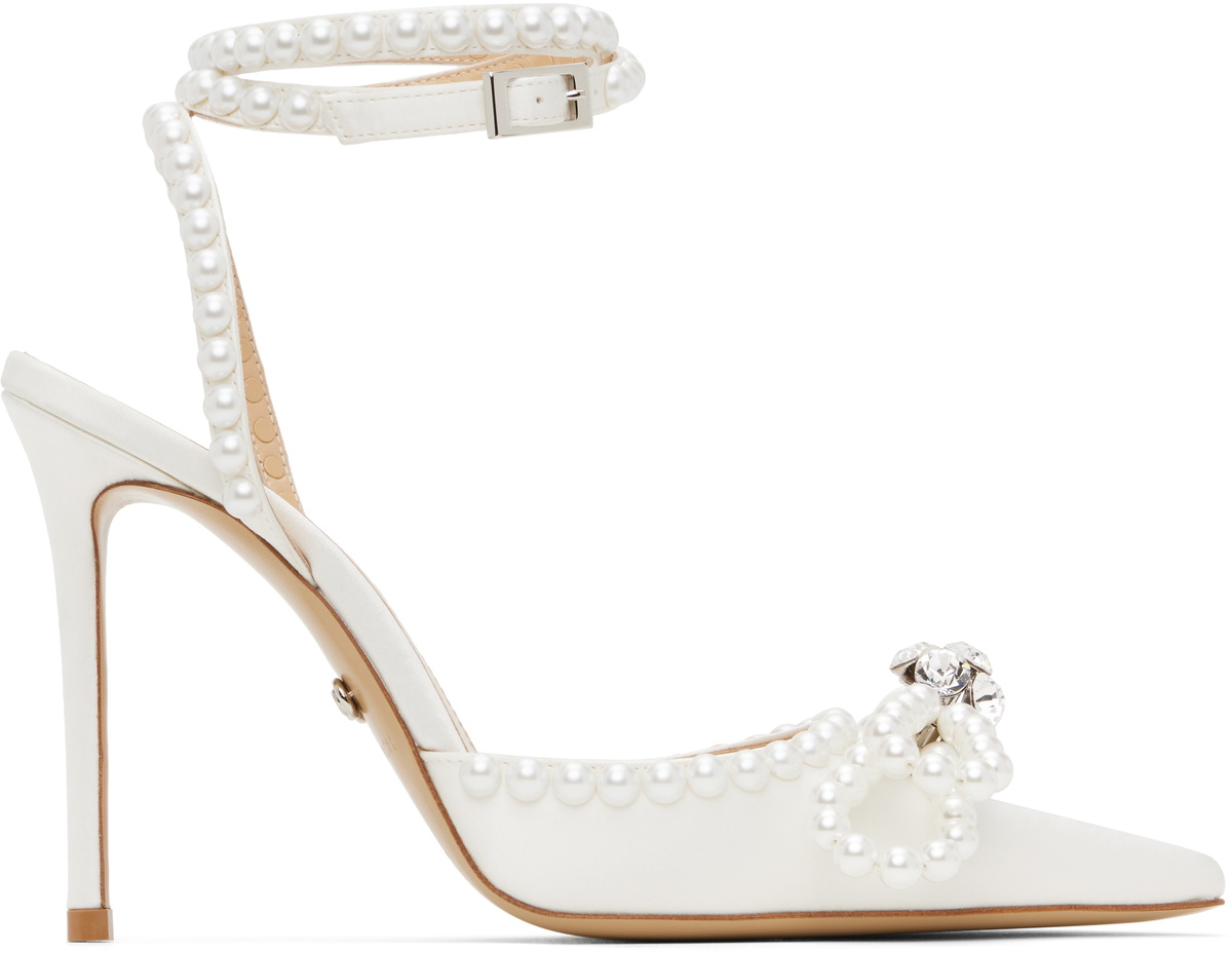 【関税込み】MACH & MACH ホワイト レース Double Bow 95 ヒール Double Bow - Women's White Satin Pumps with Tapered Toe