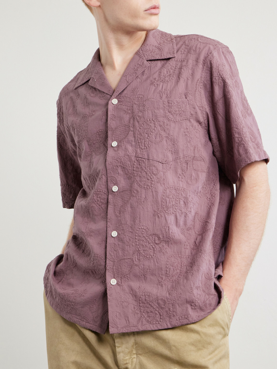 Corridor - Camp Collar Paisley-Embroidered Cotton Shirt - Purple