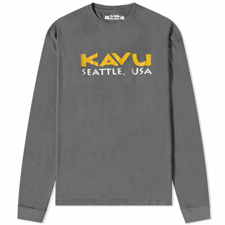 Photo: KAVU Men's Long Sleeve Spellout T-Shirt in Gunmetal