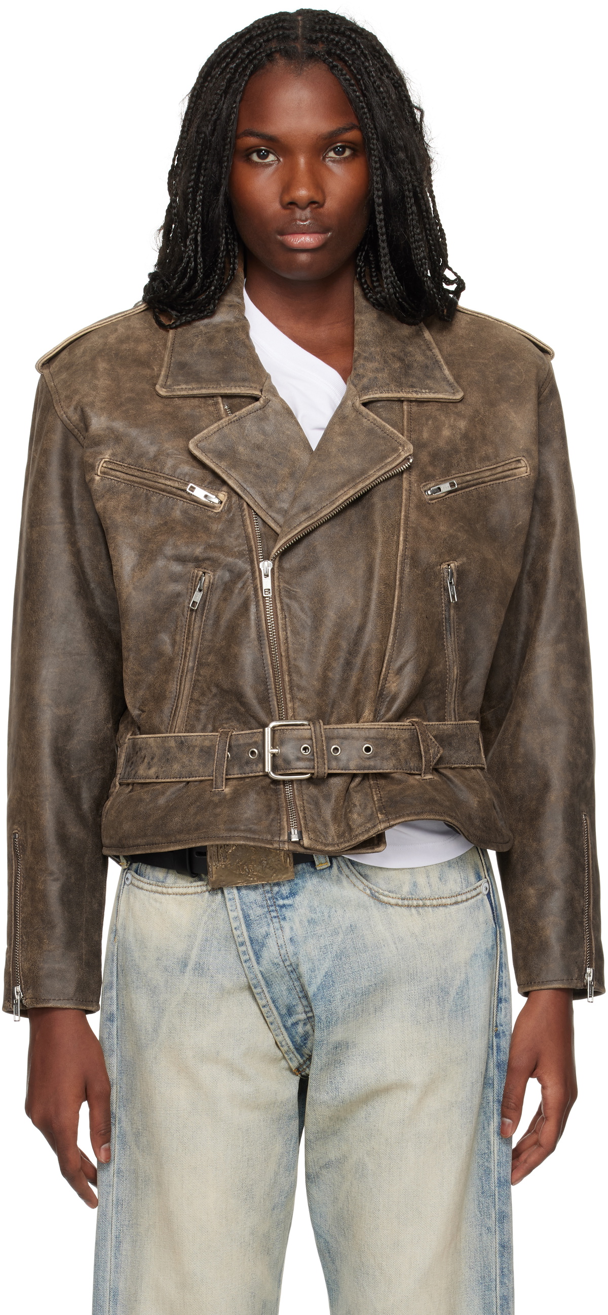 R13 Brown Exaggerated Shoulder Motorcycle Leather Jacket R13