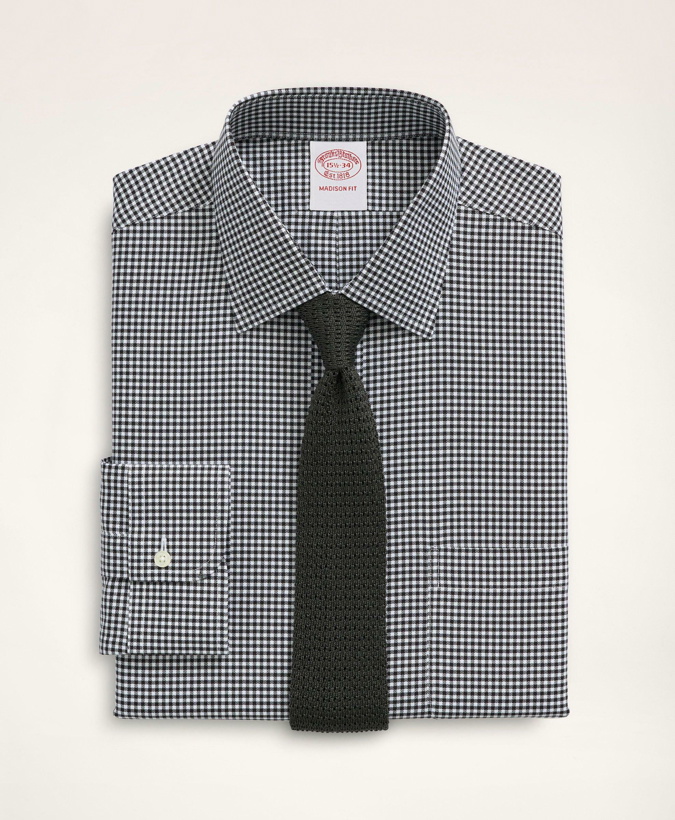 Photo: Brooks Brothers Men's Stretch Madison Relaxed-Fit Dress Shirt, Non-Iron Herringbone Gingham Ainsley Collar | Black