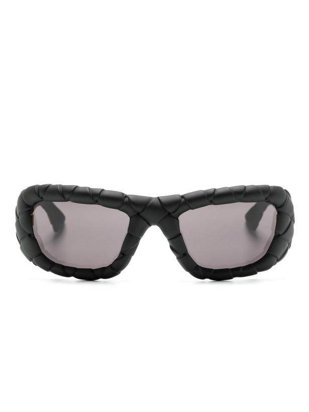 Photo: Bottega Veneta Eyewear Black Intrecciato Rectangle-Frame Sunglasses