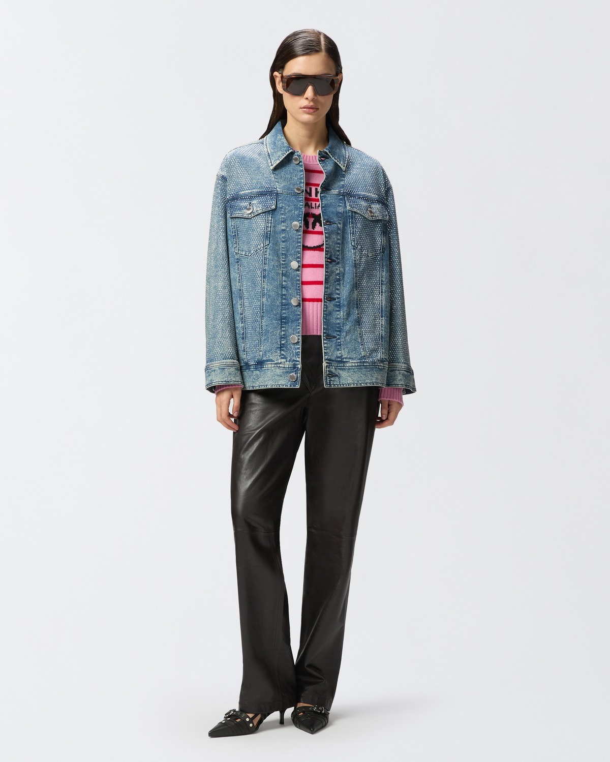 PINKO ダークデニムジャケット Pinko Denim Jacket With Rhinestones And Studs Dark Mid Wash