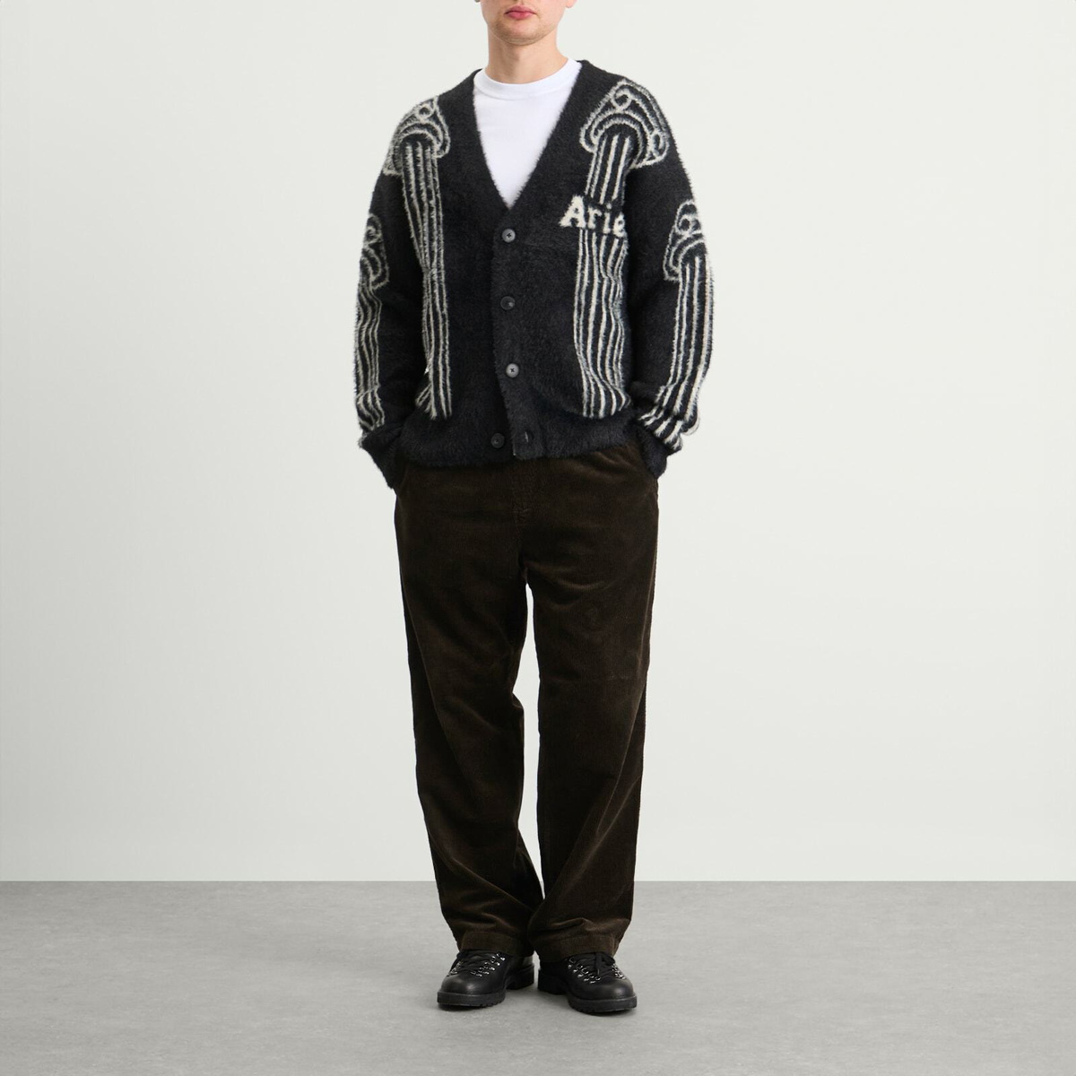 Aries Men's Oversized Chenille Column Knit Cardigan in Black