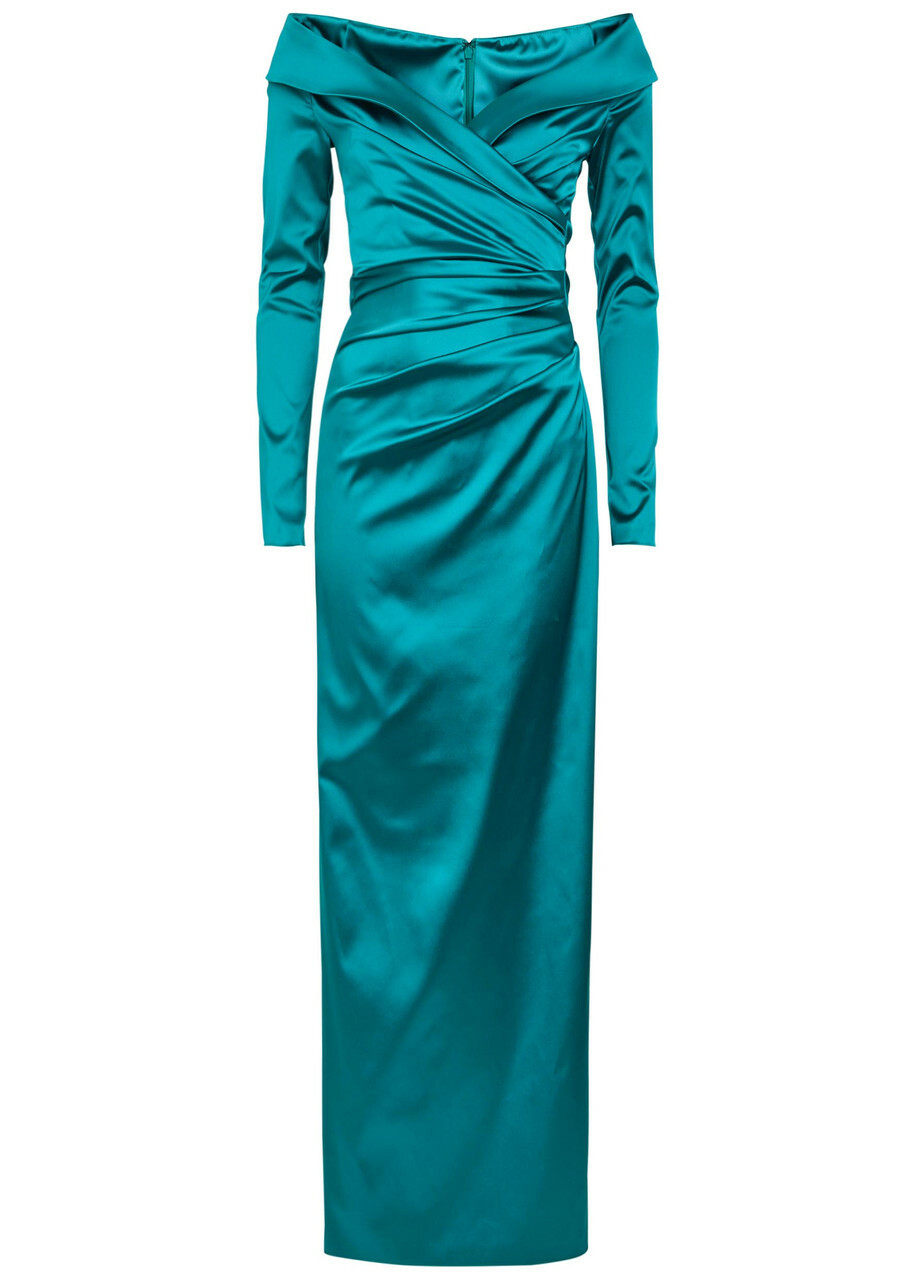 Talbot Runhof Off-the-shoulder Gathered Satin Maxi Dress Aqua