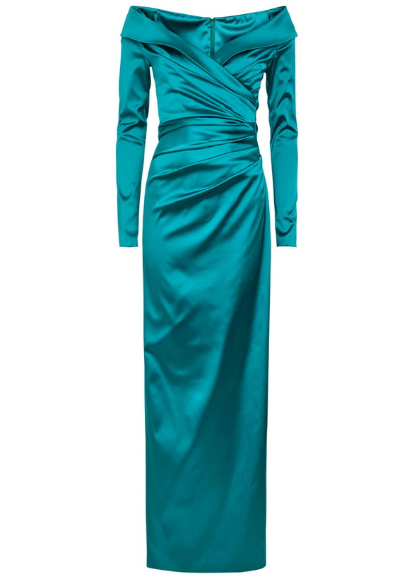 Photo: Talbot Runhof Off-the-shoulder Gathered Satin Maxi Dress Aqua