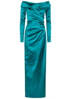 Talbot Runhof Off-the-shoulder Gathered Satin Maxi Dress Aqua
