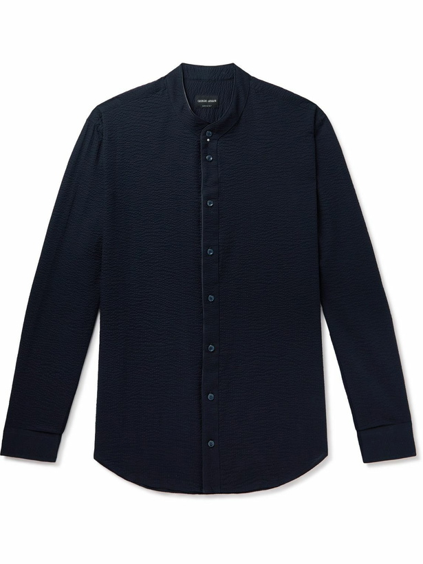 Photo: Giorgio Armani - Grandad-Collar Cotton-Seersucker Shirt - Blue