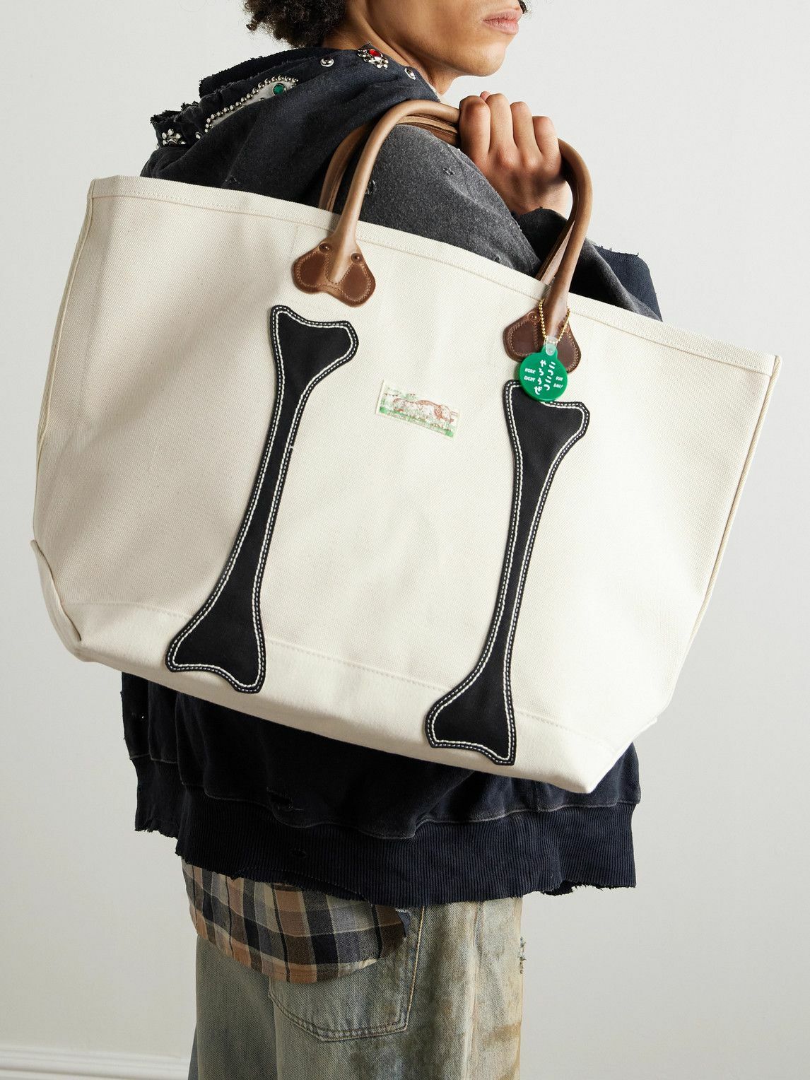 KAPITAL - Leather-Trimmed Appliquéd Canvas Tote Bag KAPITAL