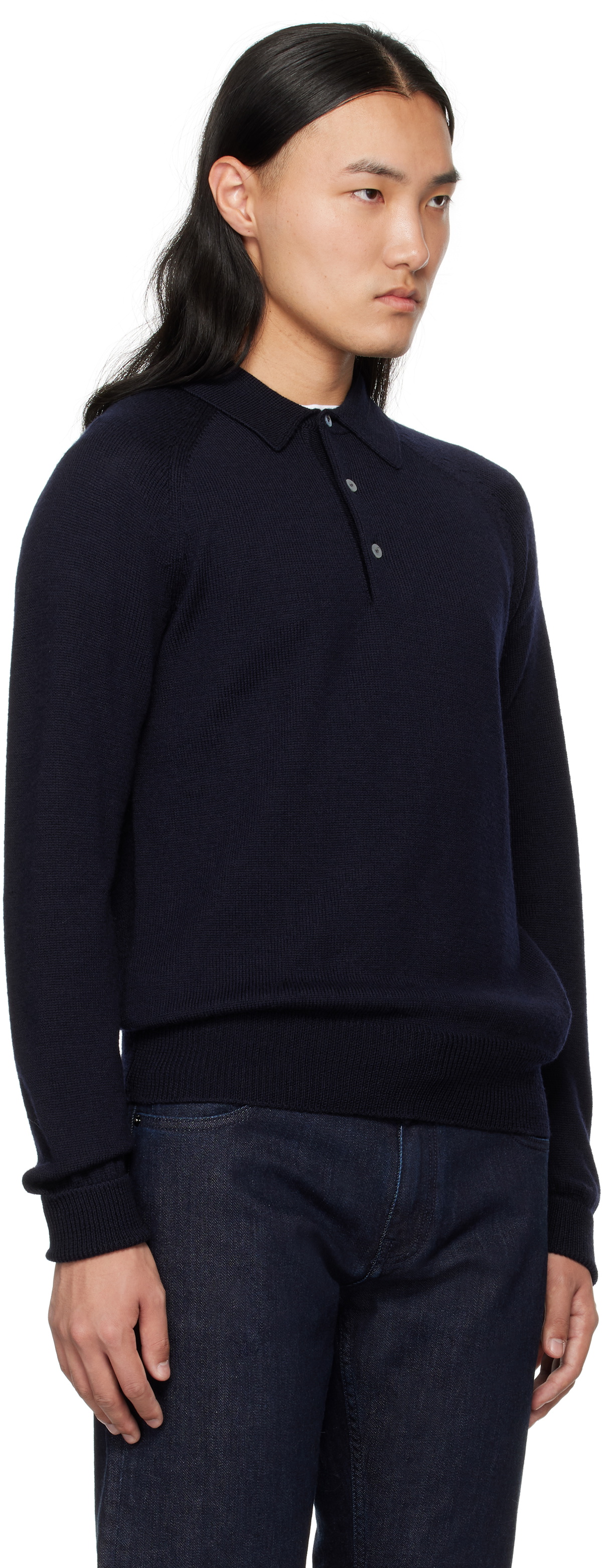 Drake's Navy Merino Wool Knitted Polo