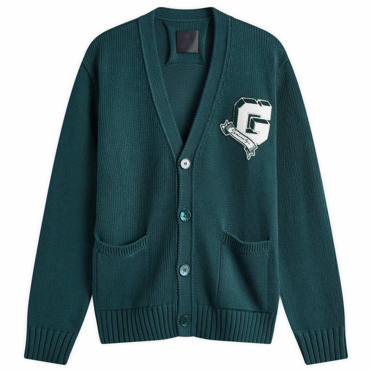 Givenchy Men's V-Neck Varsity Cardigan in Fir Green