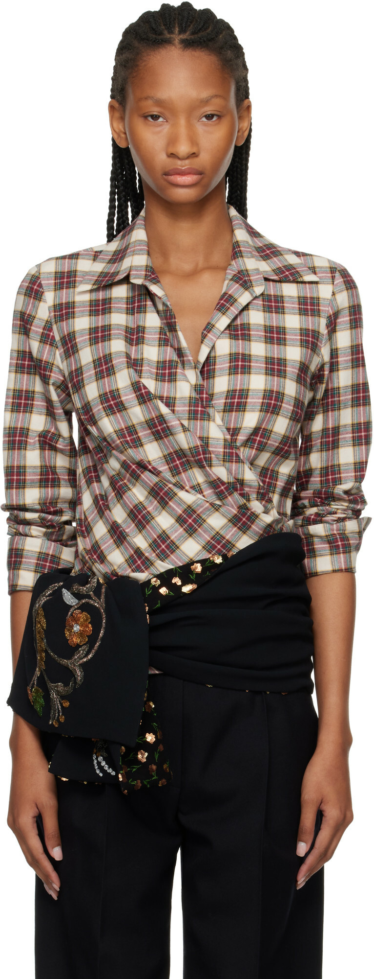 Dries Van Noten Off-White & Red Fitted Flannel Wrap Shirt