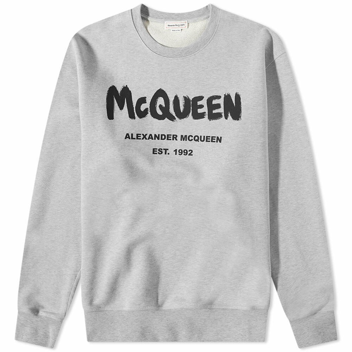Photo: Alexander McQueen Men's Grafitti Logo Print Crew Knit in Pale Grey/Black