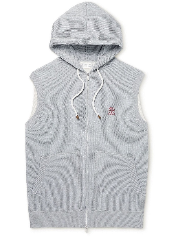 Photo: Brunello Cucinelli - Logo-Embroidered Cotton Hooded Gilet - Gray