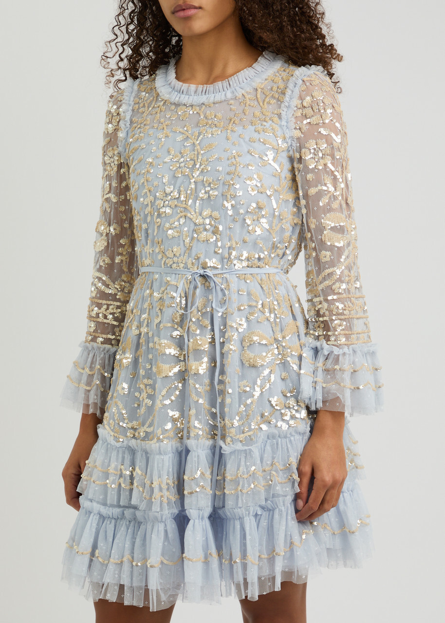 needle and thread blue dress Floral Lace Bodice V-Neck Ankle Gown