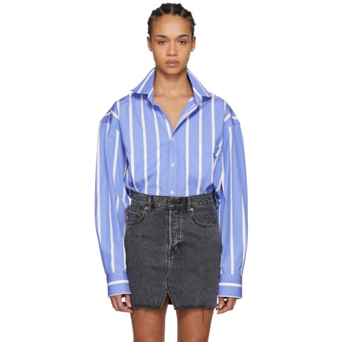 Vetements Blue and White Stripe Fold-Up Cropped Oversized Shirt