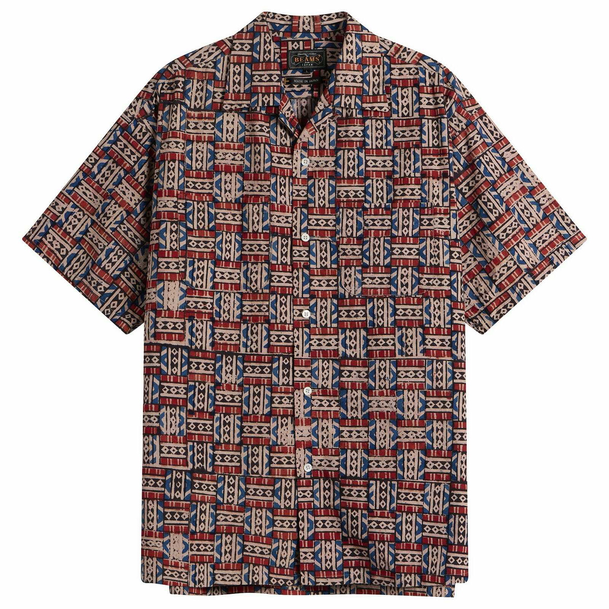 Beams Plus Men's Block Print Open collar Shirt in Red