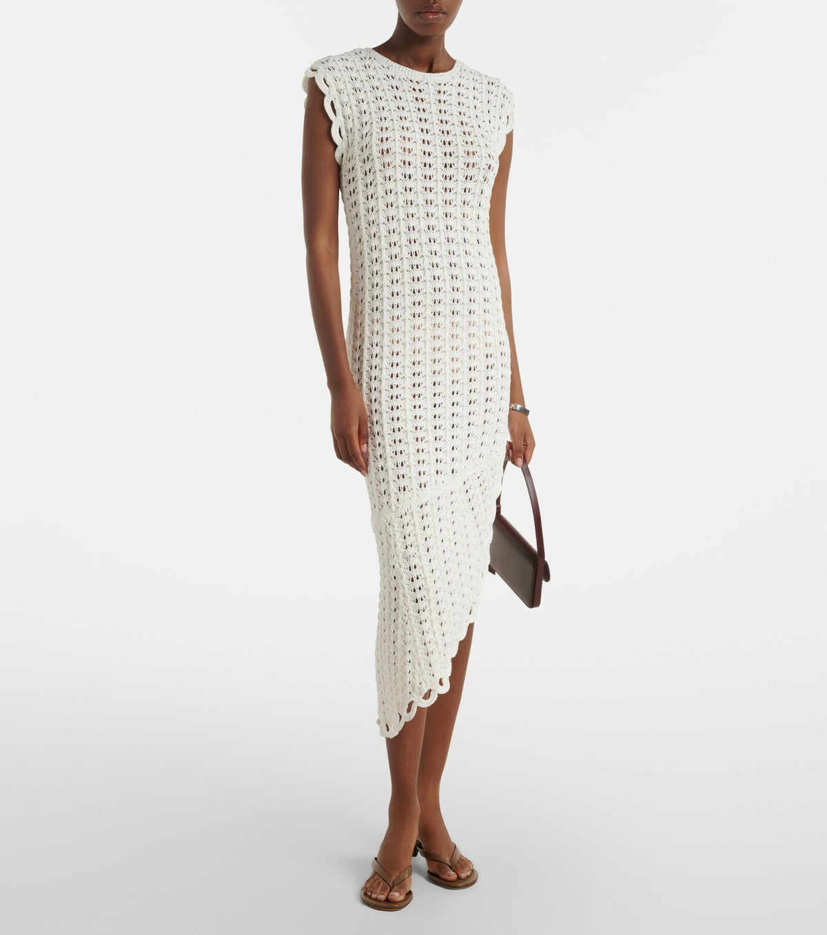 Loulou de Saison Malena asymmetric scalloped crochet midi dress