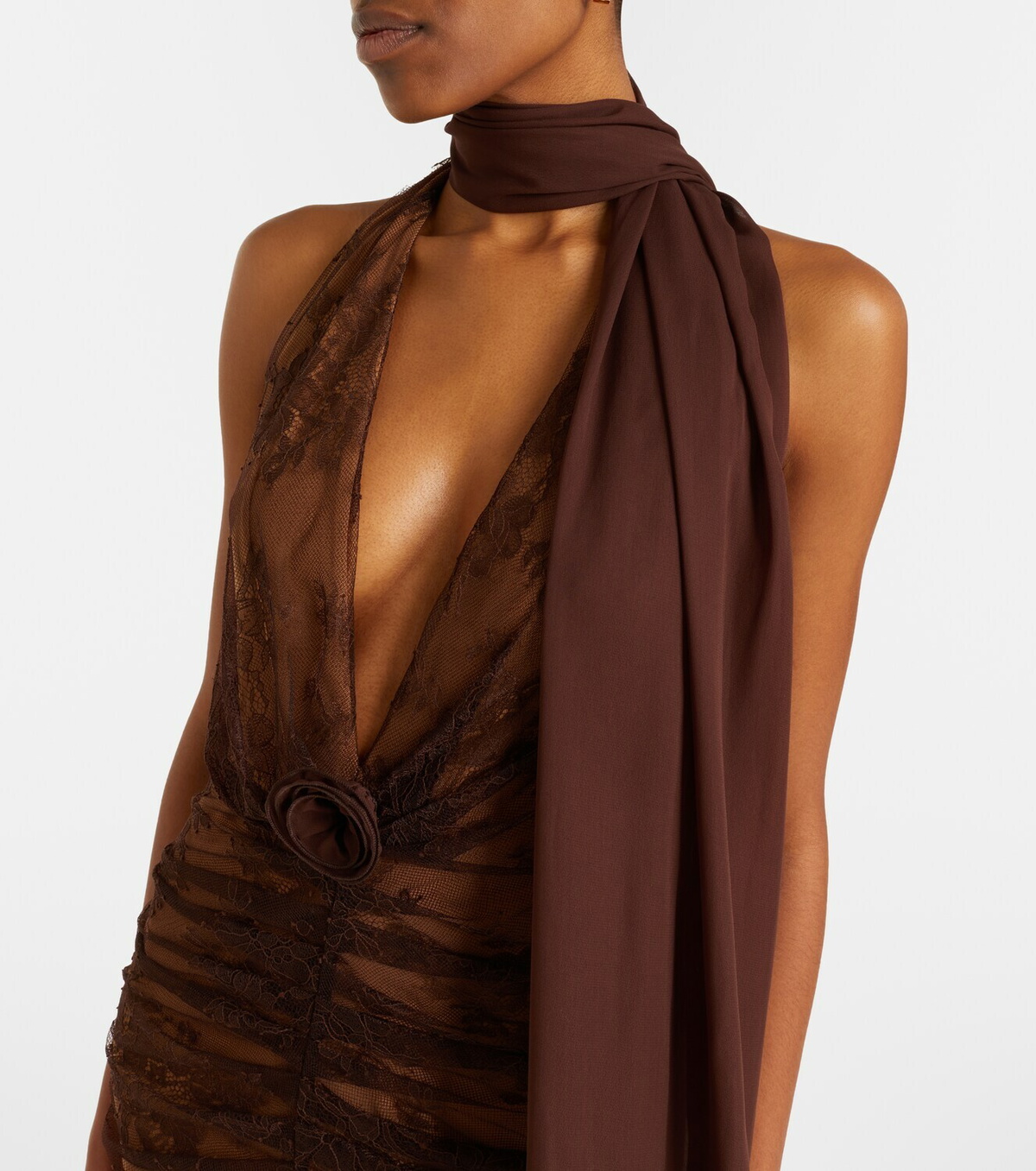 De La Vali Amora scarf-detail ruched lace maxi dress