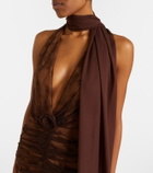 De La Vali Amora scarf-detail ruched lace maxi dress