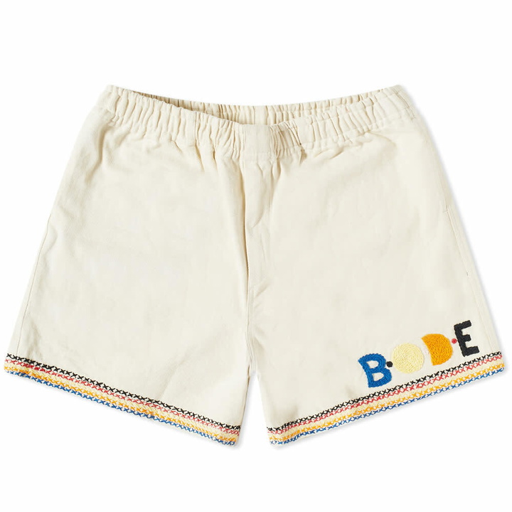 Photo: Bode Men's Donkey Party Rugby Short in Ecru Multi